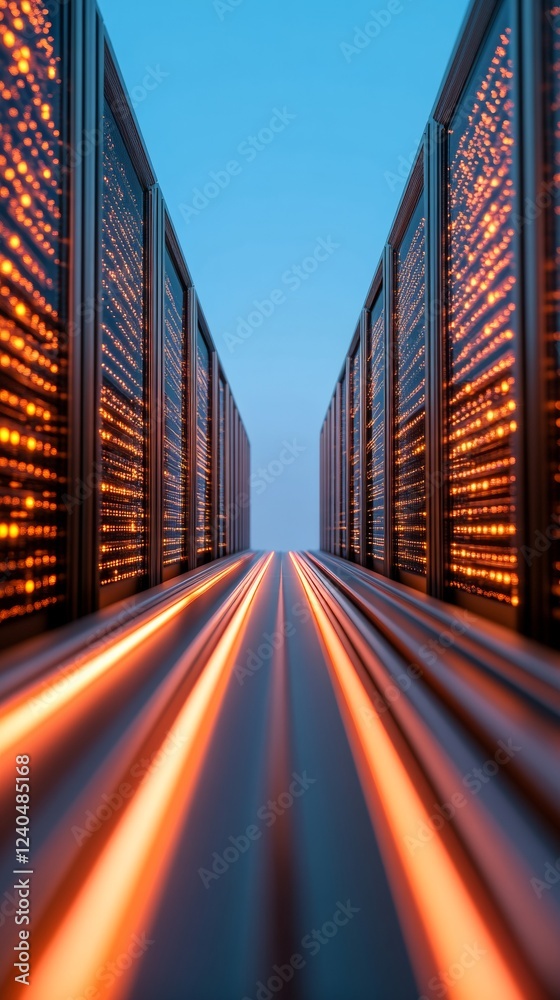Aufkleber Tech-Digital Aesthetic Illuminated Data Servers with LED Light Trails - Cutting-Edge IT Infrastructure and Cybersecurity Monitoring for Modern Business Efficiency