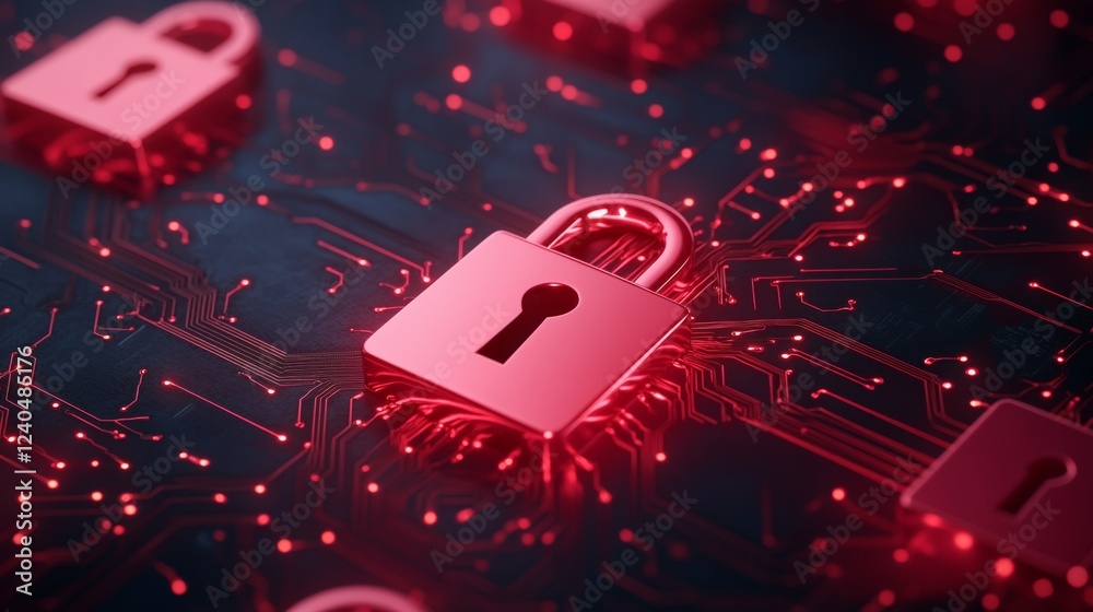 Poster Neon Cybersecurity Interface Red Circuit Board with Lock Icons - Essential Tech Visual for Advanced Digital Defense and Business Security Solutions