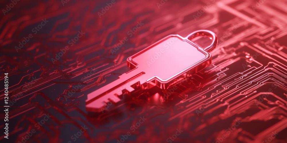 Poster Futuristic Cybersecurity Visual Red Holographic Key on Circuit Board - Advanced Tech Solutions and Data Protection for Contemporary Digital Businesses