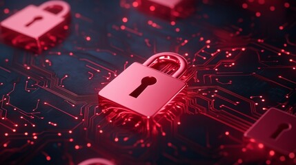 Neon Cybersecurity Interface Red Circuit Board with Lock Icons - Essential Tech Visual for Advanced Digital Defense and Business Security Solutions
