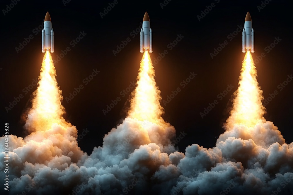 Poster three rockets launching into space with fiery exhaust and clouds, showcasing the power of space expl