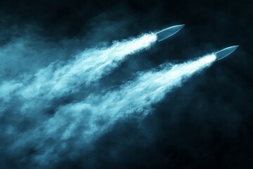 Rockets soaring through the clouds with bright trails, showcasing powerful propulsion at night