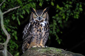Serene owl perching on a tree at night in blue hue