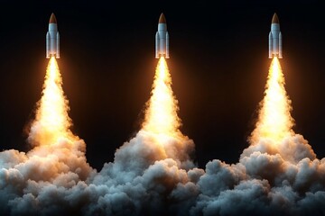 Three rockets launching into space with fiery exhaust and clouds, showcasing the power of space exploration at night