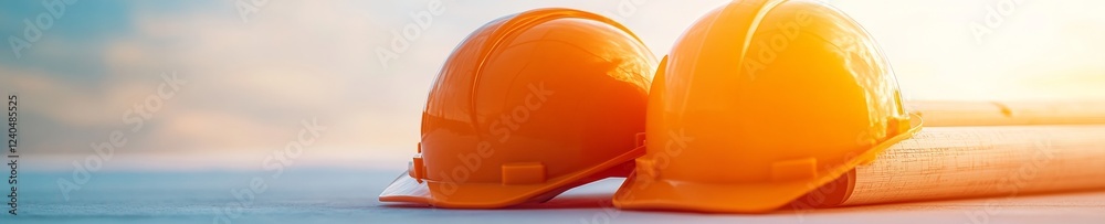 Poster industrial chic display blueprint scrolls with solar panel diagrams and hard hats on concrete - ener