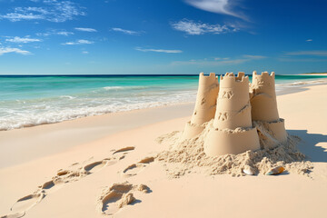 Naklejka premium A sandcastle on the beach, partially eroded by wind and waves.