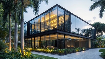 Fototapeta premium A modern office building with large glass windows and black metal accents, situated on the corner of an urban street.