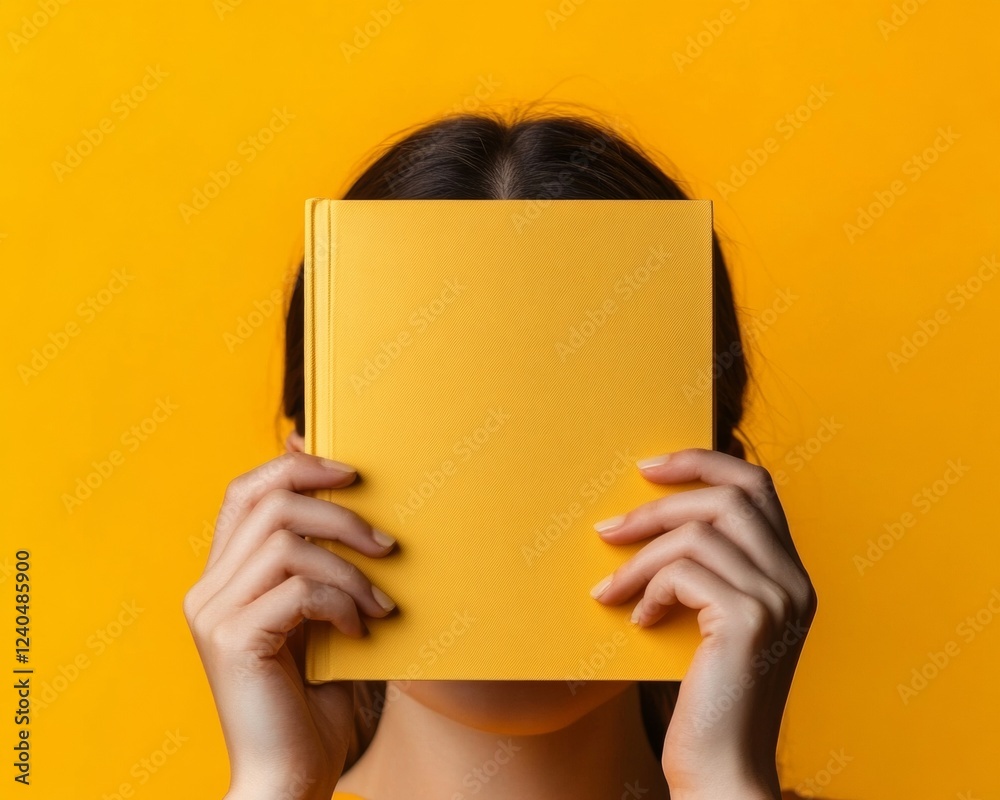 Poster sunlit reading aura playful pose with yellow hardcover - modern content creation and visual storytel