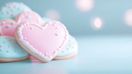 Delicate Heart-Shaped Cookies with Pink and Blue Icing on Soft Background for Sweet Celebrations