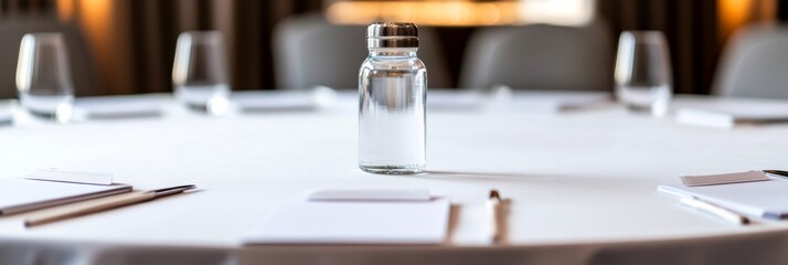 Minimalist Round Table Setup with Glass Bottles and Notepads Streamlined Event Design for Modern Collaborative Workspaces - Business Innovation and Flexibility