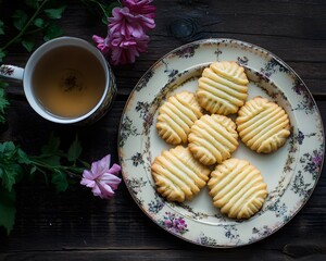 Delicious Butter Cookies with Tea on Rustic Wood