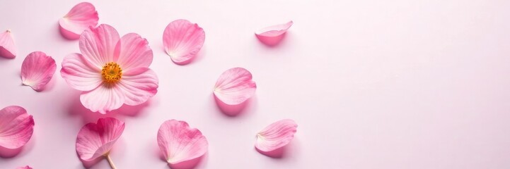 Fototapeta premium Soft pink petals scattered on white background, pink, bloom