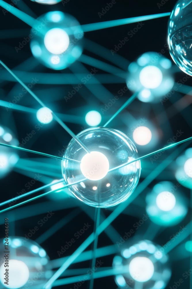 Poster Tech-Forward Luminous Network Macro Glass Orbs and Neon Radiant Wires in Black Light - Futuristic Visualization for Big Data and Global Communication Dynamics
