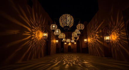 Silhouette of glowing Moroccan ornamental lanterns at night with decorative shadows