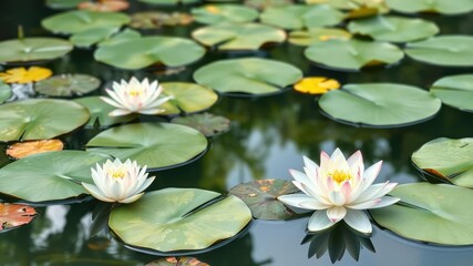 Soft watercolor lily pads on a serene pond, peaceful ambiance, watercolor painting, oil on canvas