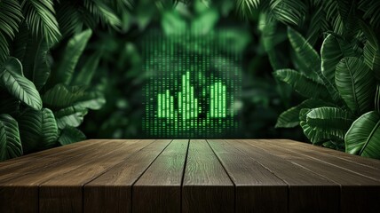 financial benefits profit sustainability concept. Digital city skyline visual on a wooden table amidst lush greenery.