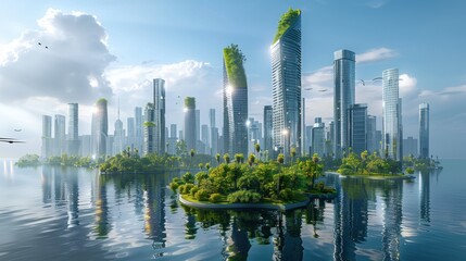 Solar-Powered Skyscrapers in a Modern Eco-City with Sustainable Architecture