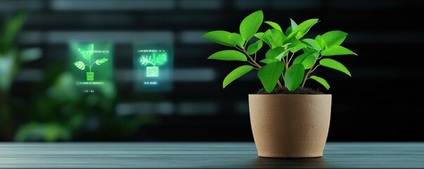 financial benefits profit sustainability concept. Lush green plant with digital interface in a modern setting.