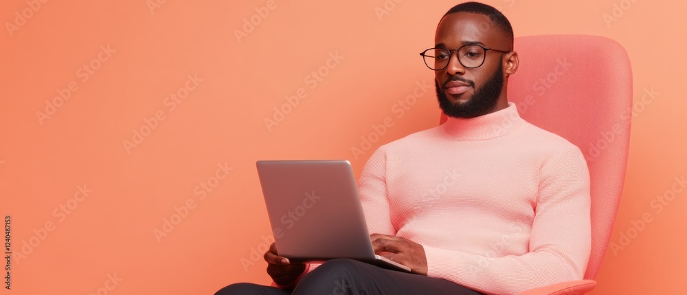 Poster contemporary digital engagement bearded black male in soft pink office setting, utilizing tablet for
