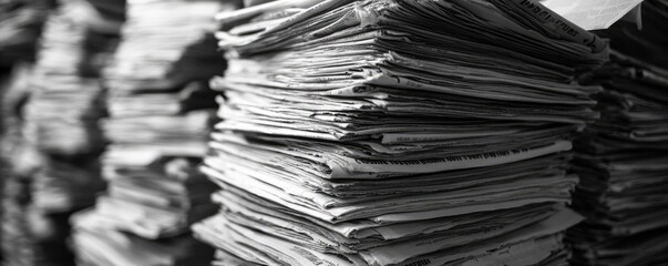 Stacks of vintage newspapers in monochrome color