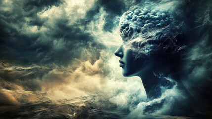 abstract representation of mind in storm, symbolizing chaos and thought. image features silhouette of head with brain, surrounded by turbulent clouds and swirling mist, evoking deep emotions