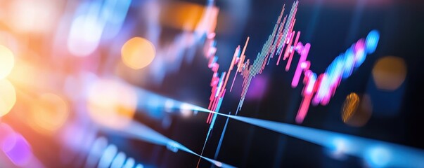 A vibrant financial chart displays market trends with colorful lines and glowing elements, symbolizing data analysis and investment opportunities.
