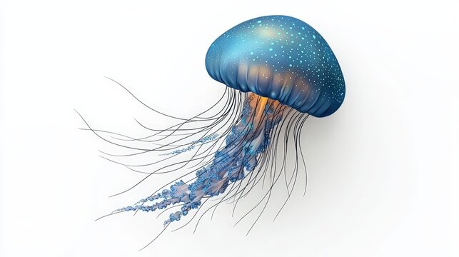 A stunning blue jellyfish gracefully floats, showcasing its vibrant colors and delicate tentacles against a clean backdrop.
