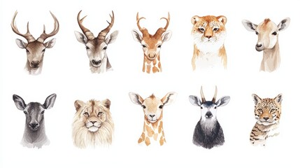 Obraz premium A stunning collection of animal portraits showcasing deer, lion, and more in a beautiful illustrated style.