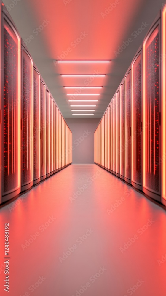 Poster Neon-Lit Data Center Corridor Sleek Modern Server Racks with Professional Lighting - Advanced Digital Infrastructure for Enhanced Data Management in Tech Industries
