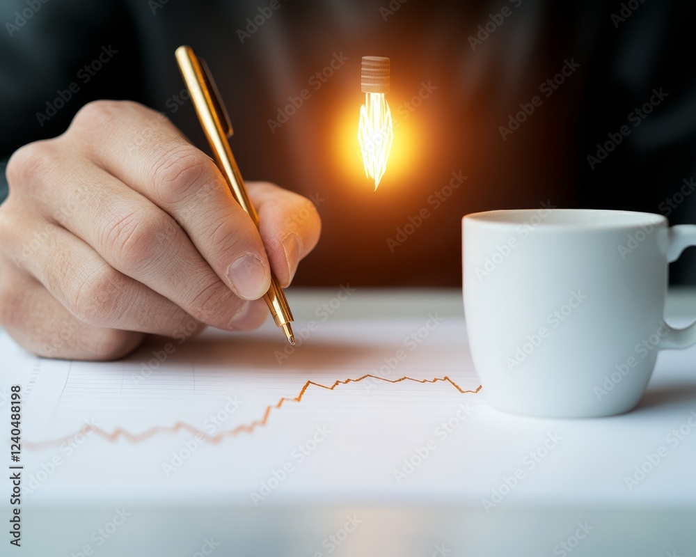 Poster modern workspace dynamics golden pen reviewing graphs in sleek office with ambient lighting - busine