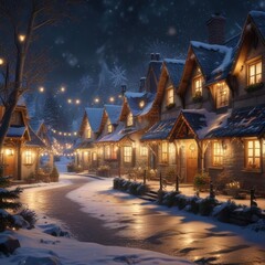 Sparkling snowflakes gently fall on a festive holiday village scene featuring twinkling lights and cozy cottages, festive holiday village, winter wonderland
