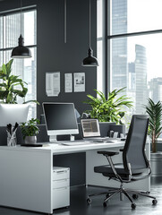 Modern minimalist office workspace with city view.