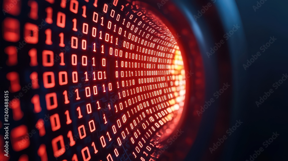 Poster digital tunnel of red binary code in futuristic data environment