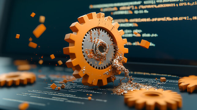 Technological failure of gears in abstract scene digital workspace 3d rendering futuristic environment close-up view concept of malfunction - Powered by Adobe