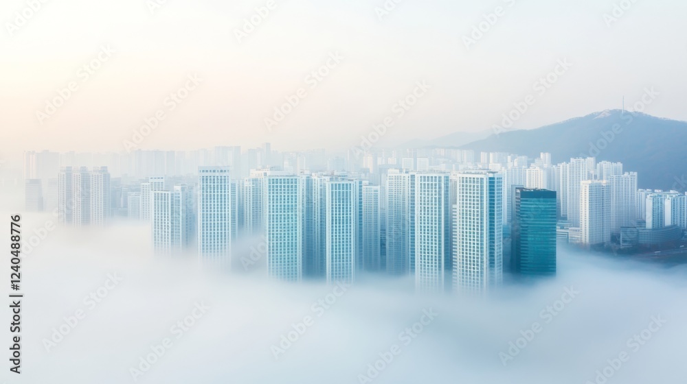 Aufkleber Futuristic Skyline Aesthetics Modern Korean Urban Architecture in Fog - Innovative Design for Smart City Development and Environmental Branding