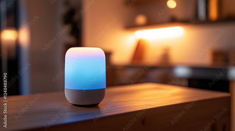 Poster minimalist uwb smart speaker on wooden shelf sleek metallic design for connected home ecosystem in m