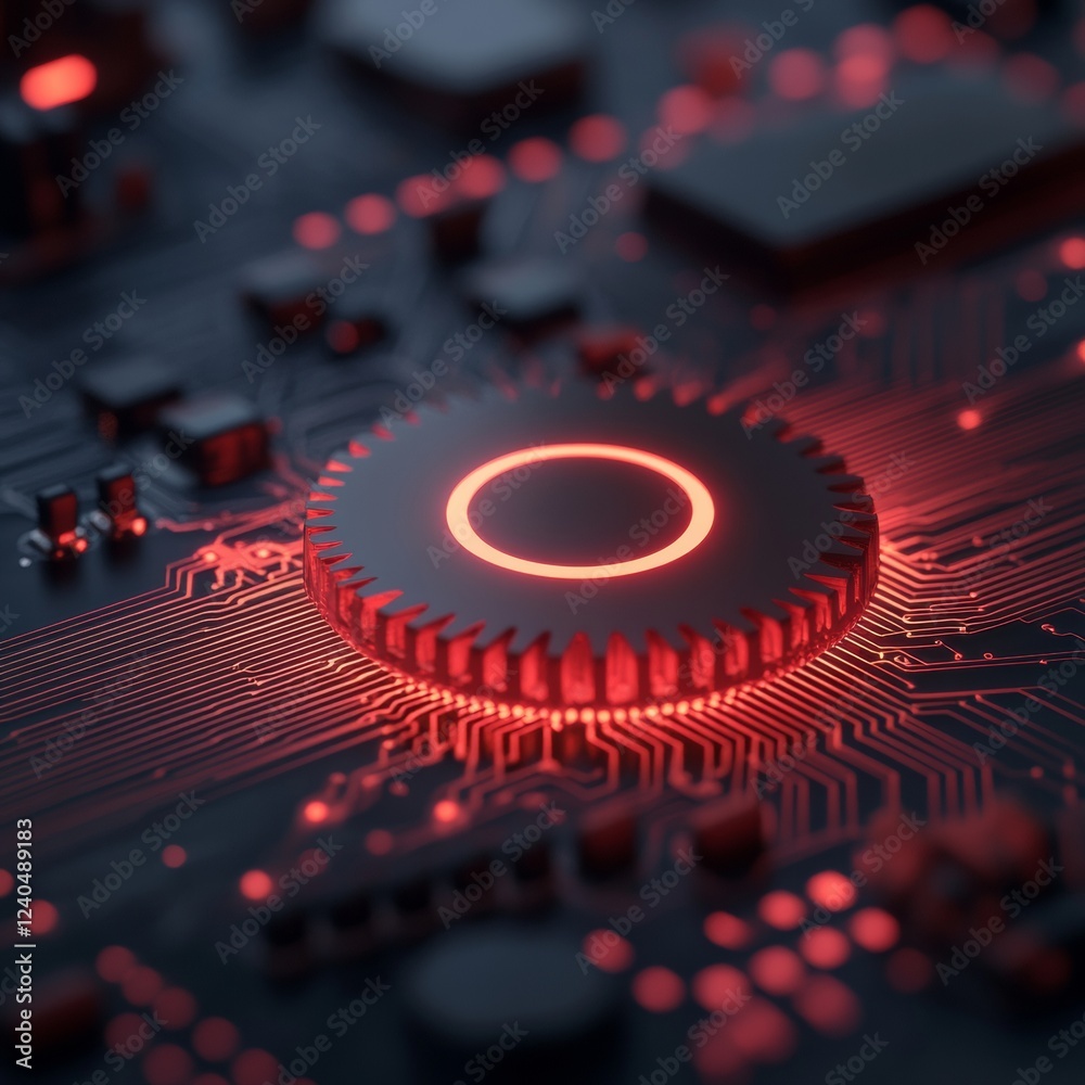 Poster Futuristic Tech Interface Neon Red Circuit Gear on Matte Black - Cutting-Edge Visualization for System Integration and Digital Innovation in Technology Industries