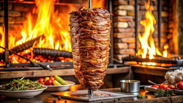 Close-up shot of a sizzling Turkish doner kebab on a grill over an open wood fire in a cozy restaurant kitchen , cuisine