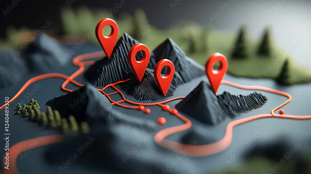Poster exploring abstract gis models with red markers on a 3d terrain map digital visualization indoor stud