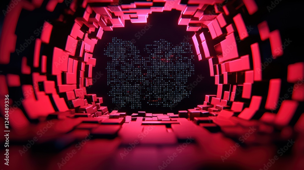 Poster abstract visual of digital tunnel with red blocks and data display