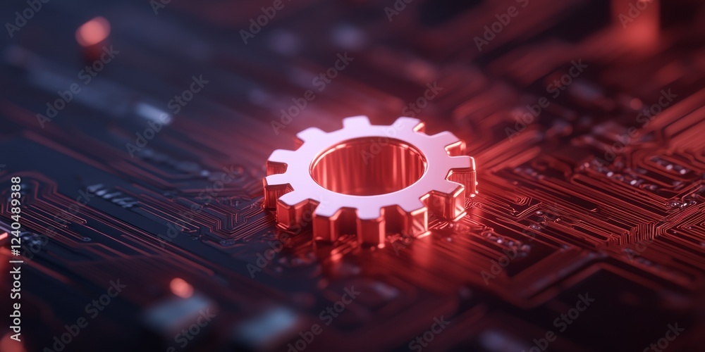 Poster Futuristic Tech Display Metallic Gear on Circuit Board - Cutting-Edge Software Development and Engineering Visuals for Digital Innovation Marketing