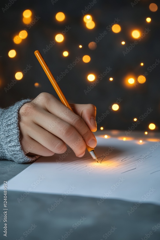 Aufkleber cozy minimalist study desk handwriting by warm fairy lights on grey texture - academic content creat