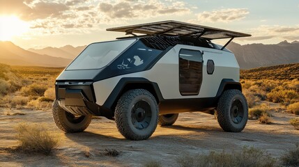 Obraz premium Advanced off-grid EVs featuring renewable energy solutions for independent adventures