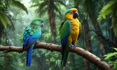 Parrot with bright blue and green feathers on a branch in a tropical forest, bright plumage, tropical forest