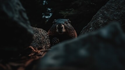 Marmot peering from rocks, forest background, wildlife photography