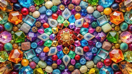 Vibrant pile of gemstones arranged in geometric patterns, showcasing a kaleidoscope of colors and textures, creating a mesmerizing visual effect, nature, crystal cluster