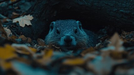 Groundhog peering from autumn woods burrow
