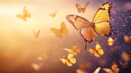 Golden butterflies flutter in sunlit, magical dust.