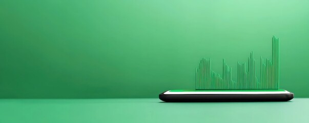 financial benefits profit sustainability concept. Digital graph on smartphone with green background and bars rising upward.