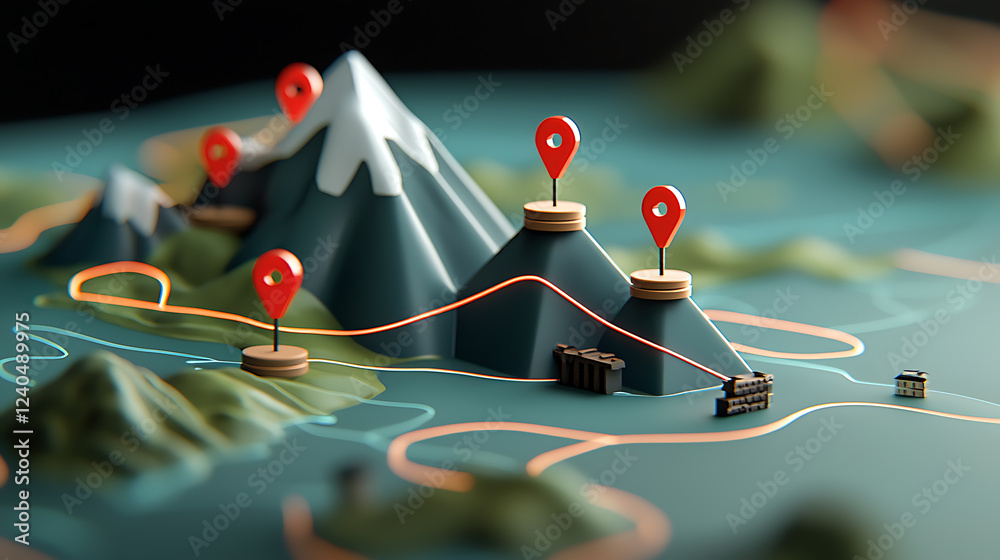 Poster advanced gis mapping techniques using highlighted red pins to analyze geographic data in a mountaino